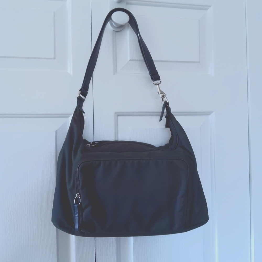 Coach Vintage Dark Brown Nylon Mercer Slouch Shoulder Bag  Black Leather Trim